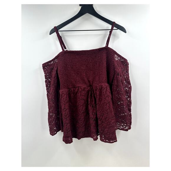 Torrid Burgundy Babydoll Lace Smocked Cold Shoulder Top Size 2 Plus Size - Picture 2 of 9
